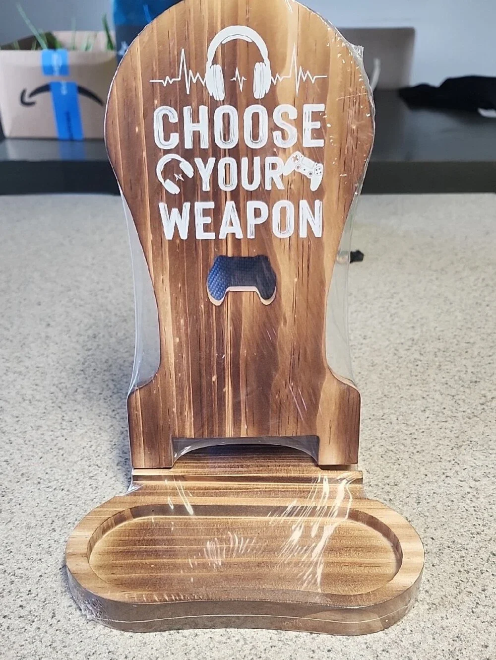 Wooden 'Choose Your Weapon' Controller/Headset Stand Holder - Brown